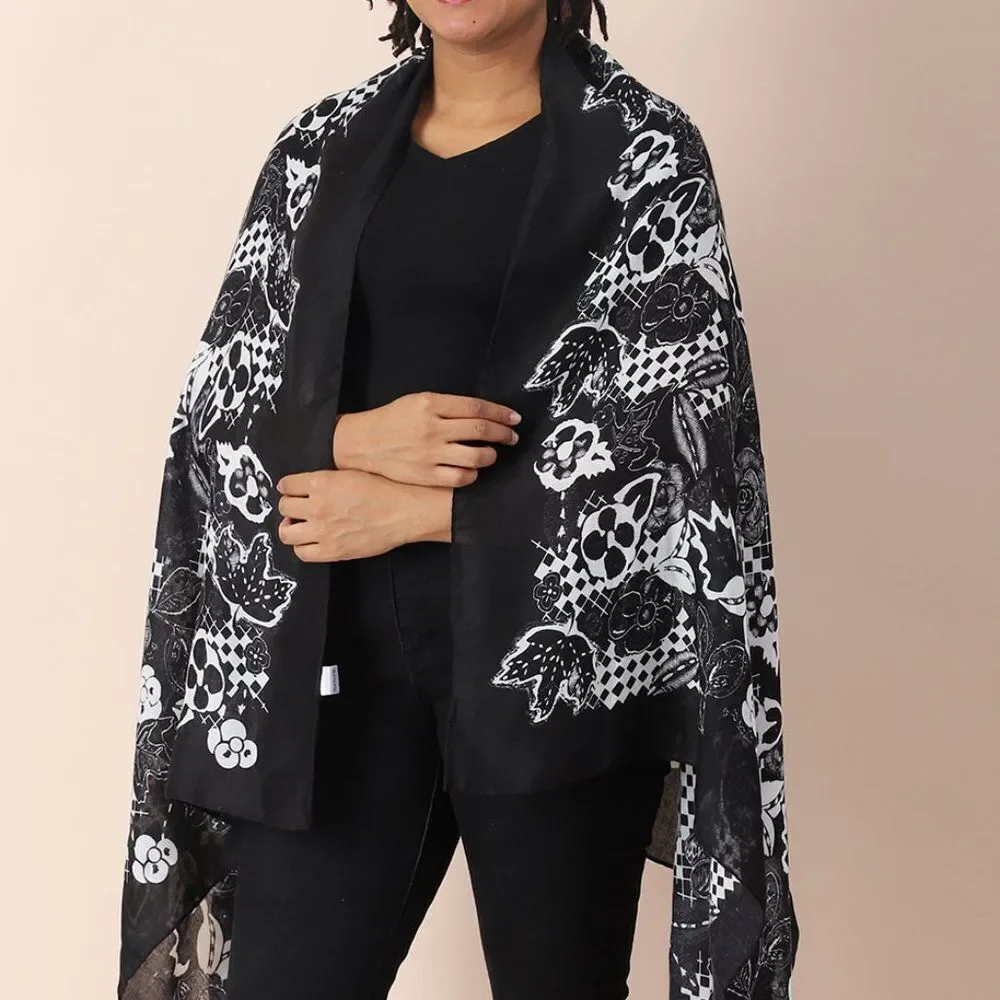 Designer Inspired Floral Pattern Scarf Black - Picture 2 of 6